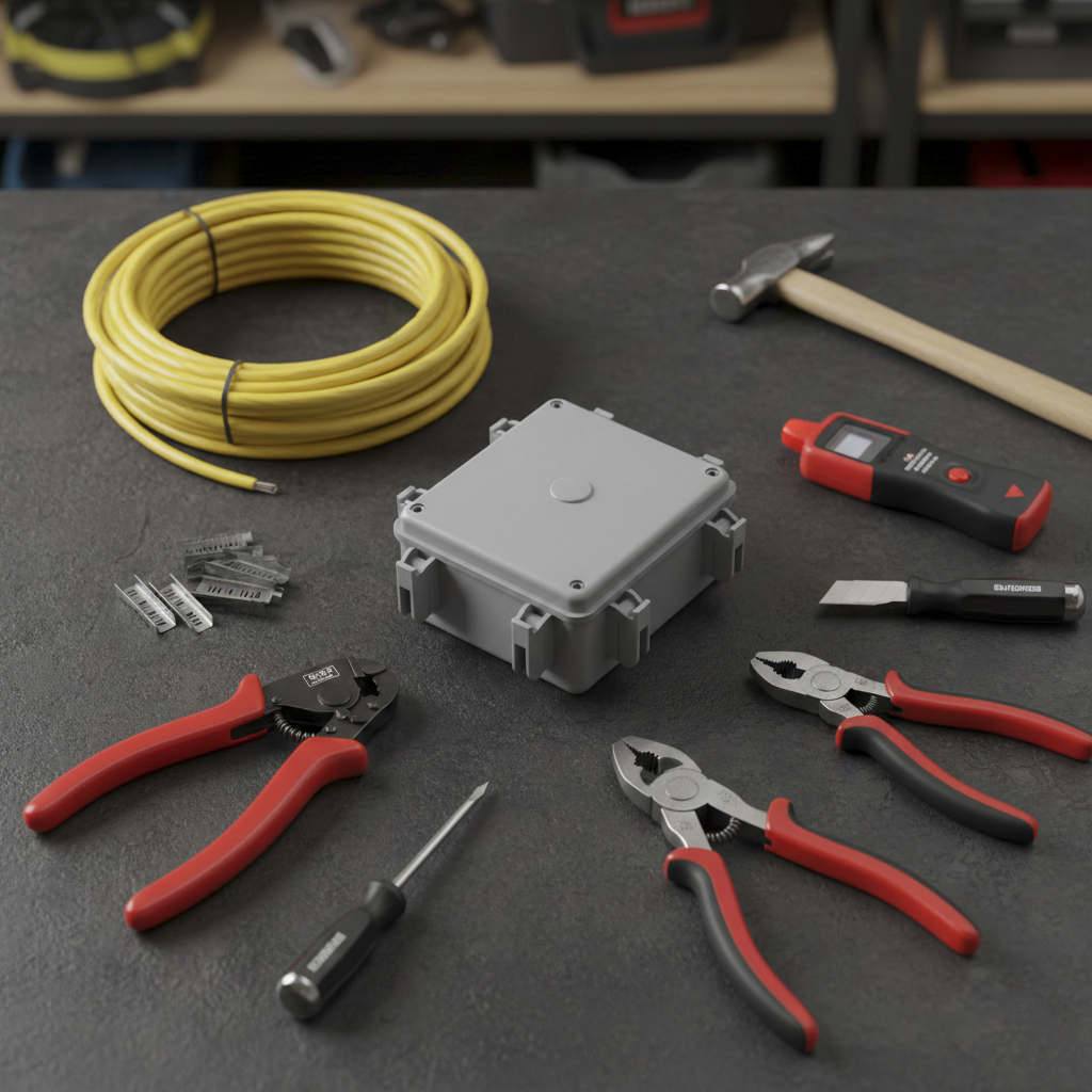 Image of Electrical installation tools including junction box, cable, strippers, and hammer